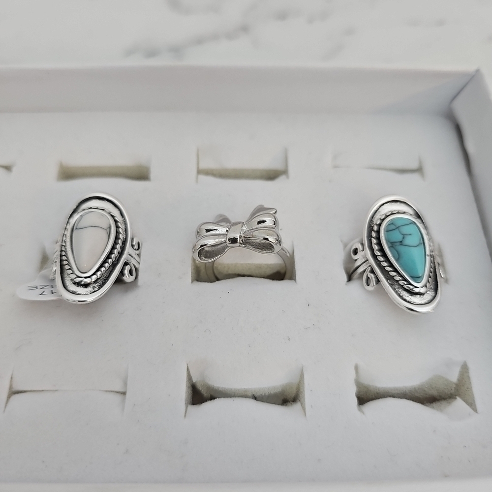 3pc Fashion Ring Set Silver Bow Blue Stone White Stone Country Girl Southwestern - Picture 4 of 8